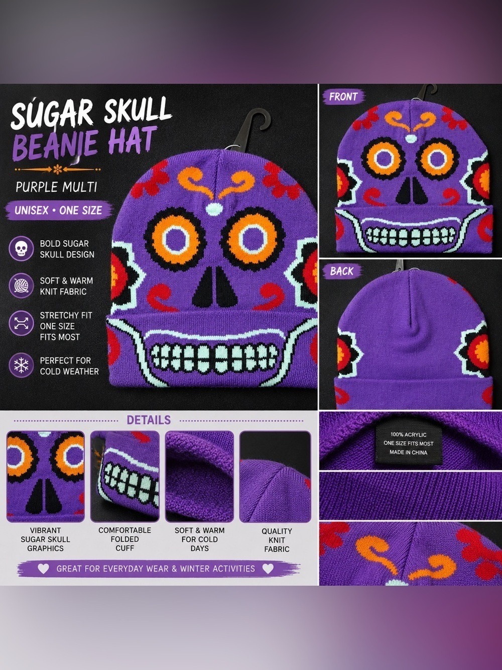 Sugar Skull Purple Knit Beanie Hat Day of the Dead One Size